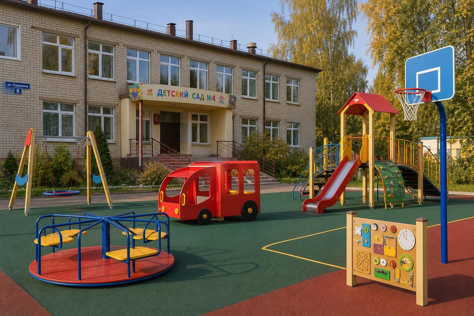 Игровая площадка перед фасадом детского сада: карусель, качели, красный игровой «автобус», игровой комплекс с горкой, баскетбольный щит и резиновое покрытие; на здании видна надпись «Детский сад №4» и табличка «ул. Калинина 8».