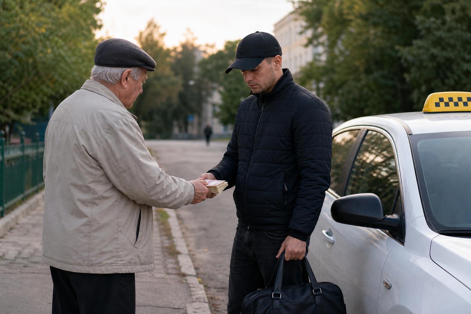 пожилой мужчина передаёт пачку наличных молодому мужчине рядом с автомобилем с шашечкой такси на городской улице