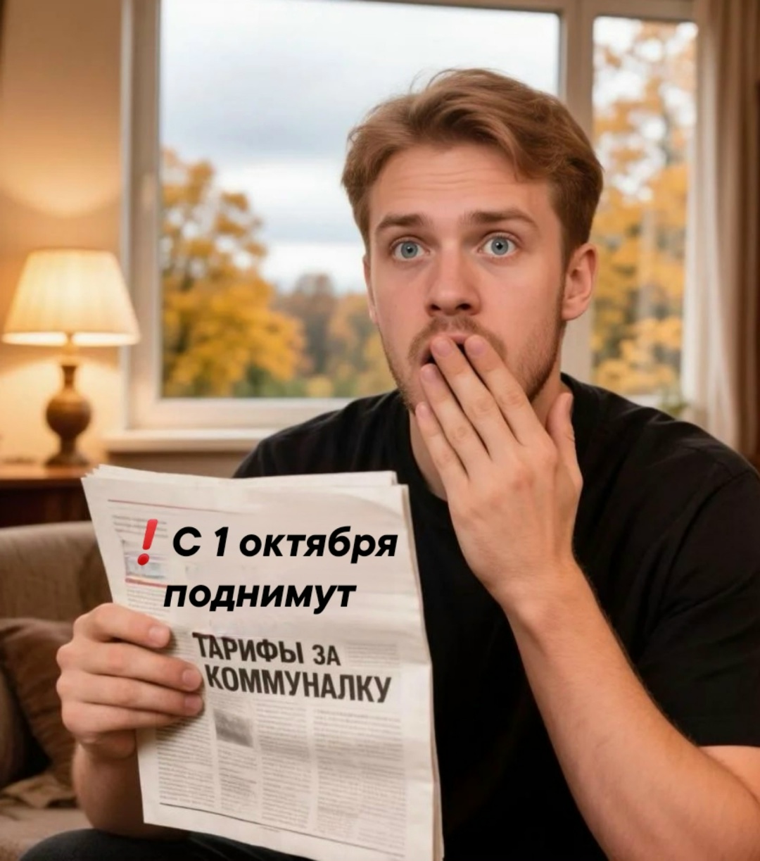 Мужчина в комнате с удивлённым лицом держит газету с крупным заголовком «ТАРИФЫ ЗА КОММУНАЛКУ» и надписью «С 1 октября поднимут».