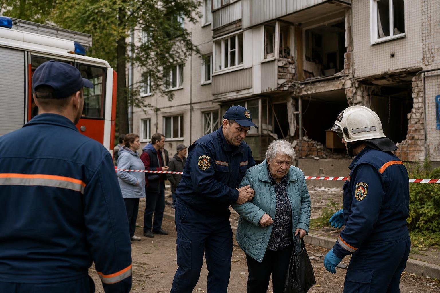Спасатели помогают пожилой женщине на фоне повреждённого многоквартирного дома и пожарной машины