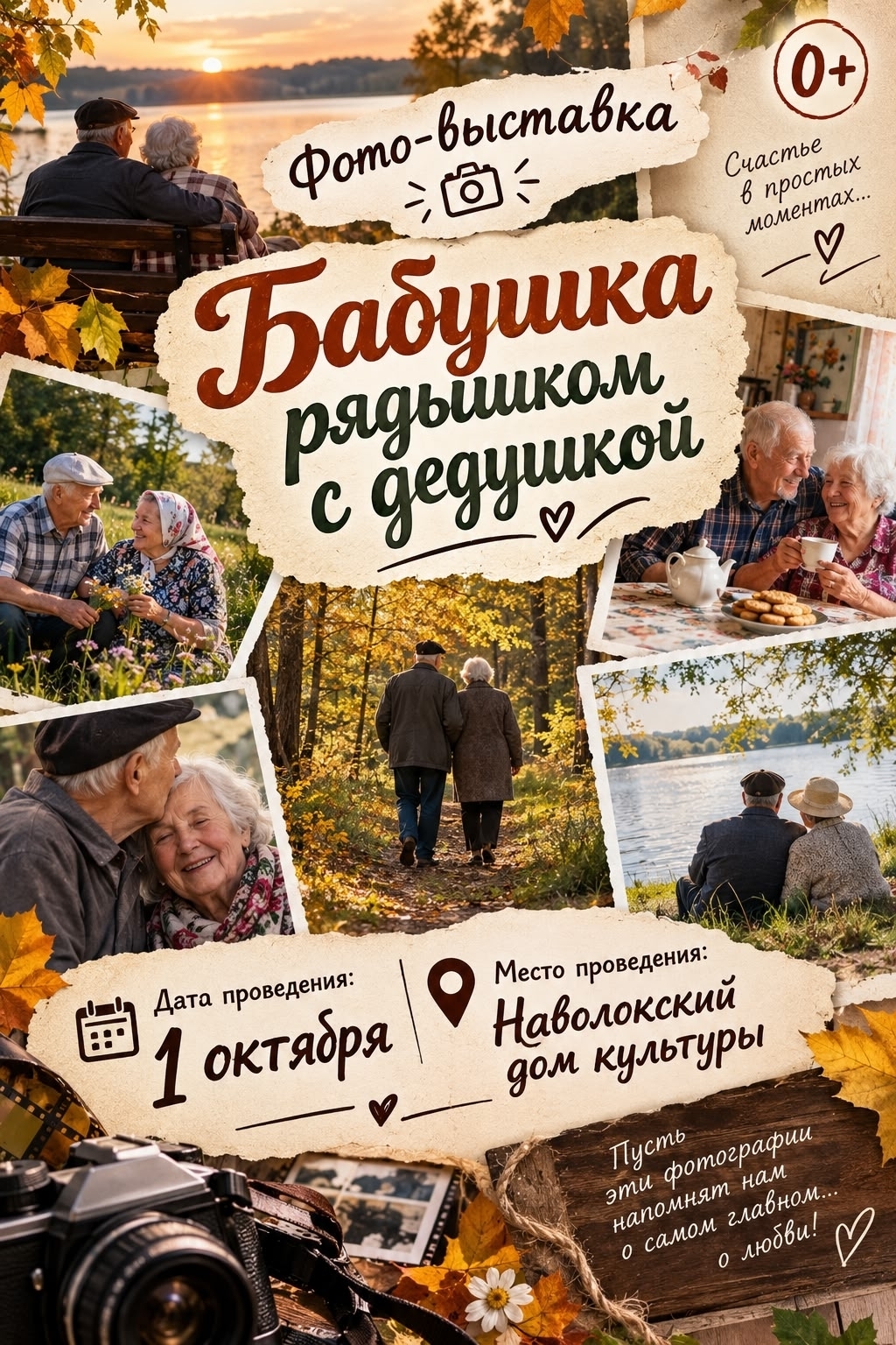 Плакат-коллаж с фотографиями пожилых пар, заголовком «Бабушка рядышком с дедушкой», датой 1 октября и указанием места проведения (Наволокский дом культуры).