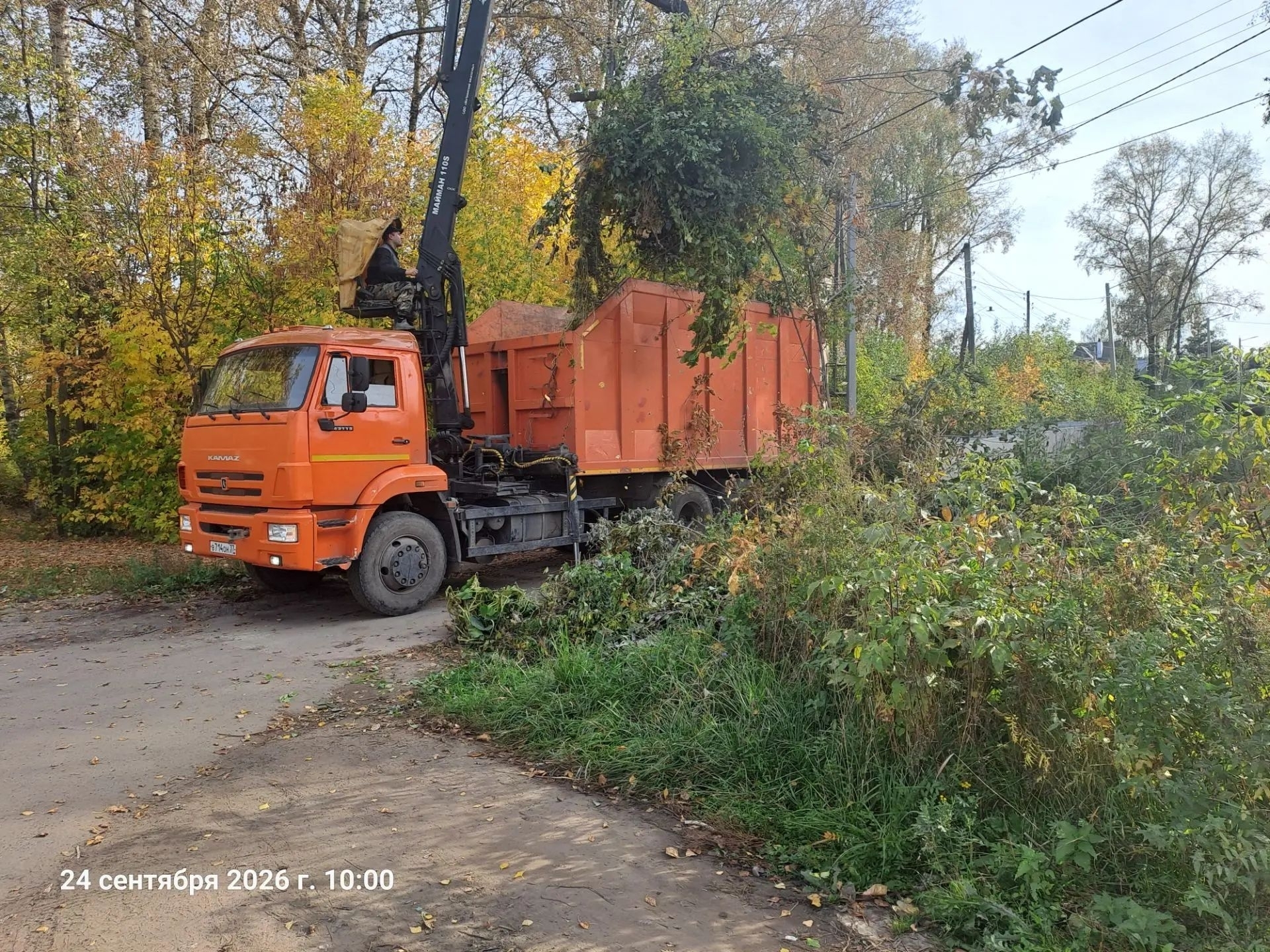 оранжевый ломовоз с краном загружает ветки и растительные отходы у обочины на фоне осенних деревьев