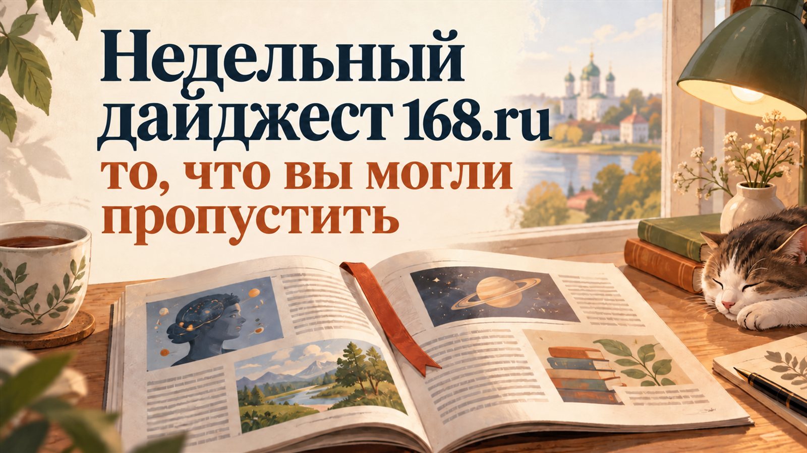 Открытый журнал, чашка чая и спящий кот у окна; надпись «Недельный дайджест 168.ru — то, что вы могли пропустить».
