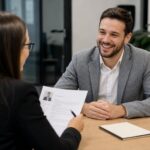 Собеседование в офисе: улыбающийся мужчина‑кандидат напротив интервьюера, у интервьюера в руках резюме