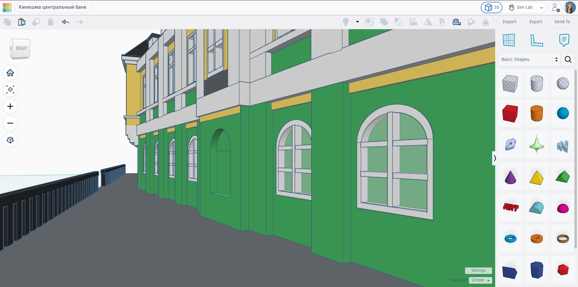 Скриншот 3D‑модели фасада исторического особняка в окне редактора Tinkercad (вид арочных окон и цокольной части)