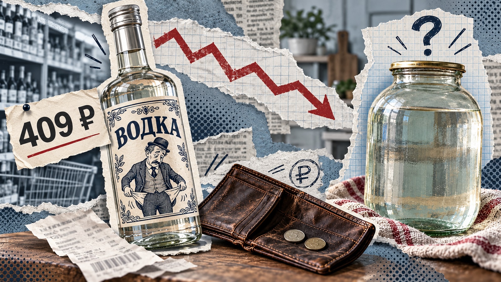 Коллаж: бутылка водки с рисунком на этикетке, ценник, пустой кошелёк, график снижения продаж и стеклянная банка