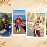 Коллаж конкурсных фотографий участниц среди осенних деревьев и золотых листьев