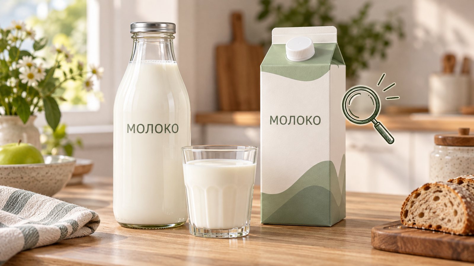 Стеклянная бутылка, картонная упаковка и стакан молока на кухонном столе