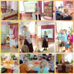 коллаж фотографий в библиотеке: библиотекарь держит каравай, дети за столом лепят тесто, выставка с традиционной посудой и хлебными атрибутами