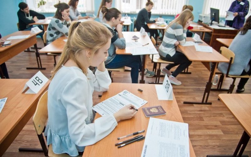 Ученики в классе во время экзамена: парты с номерами, экзаменационные бланки и паспорт на столе.