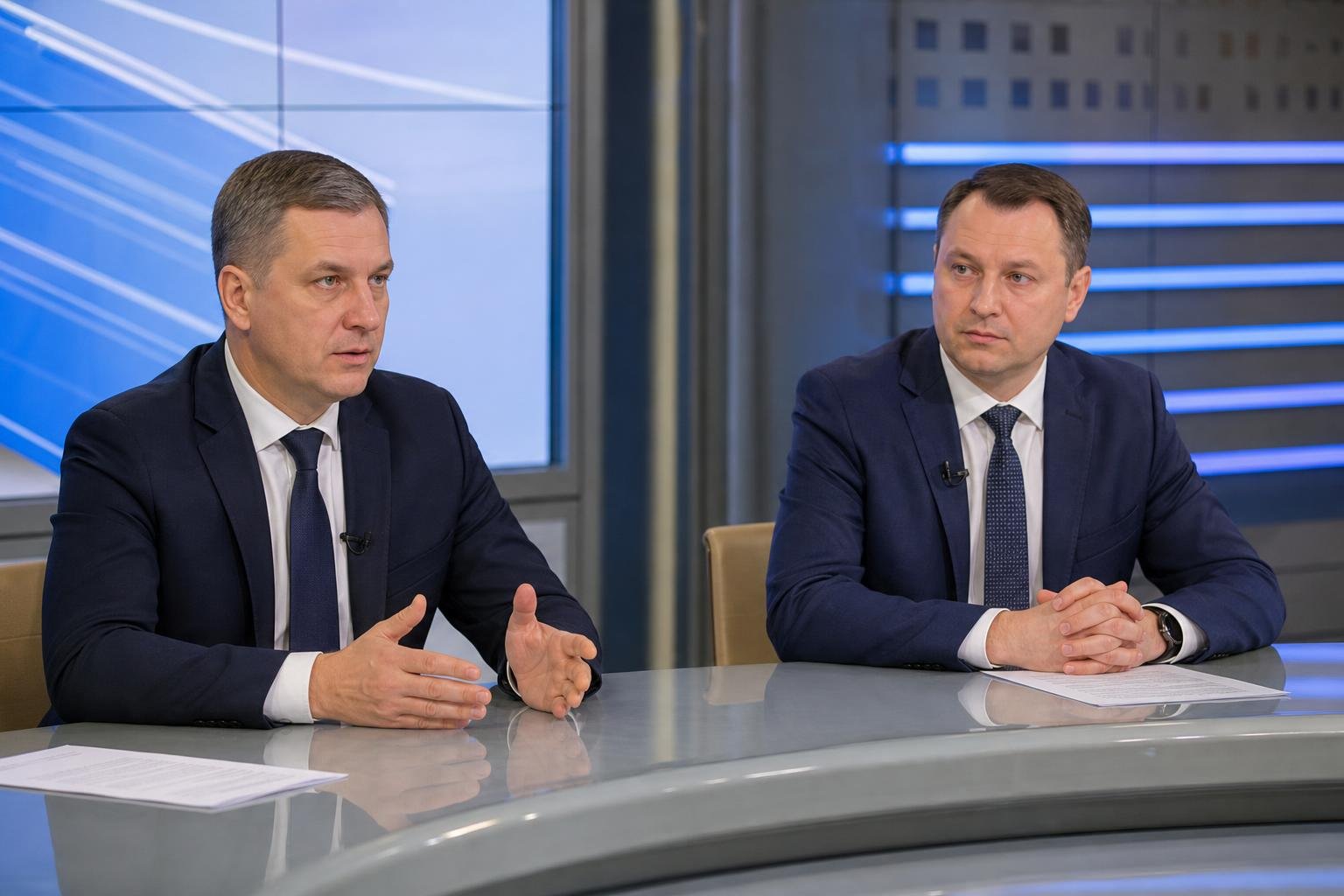 двое мужчин в деловых костюмах сидят за студийным столом во время интервью/дискуссии