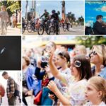 Коллаж фотографий массовых мероприятий: сцена с оркестром и большим экраном, уличная сцена с публикой, аудитория с детьми и мыльными пузырями, велоколонна, лодки на реке и ярмарочный стенд с книгами.