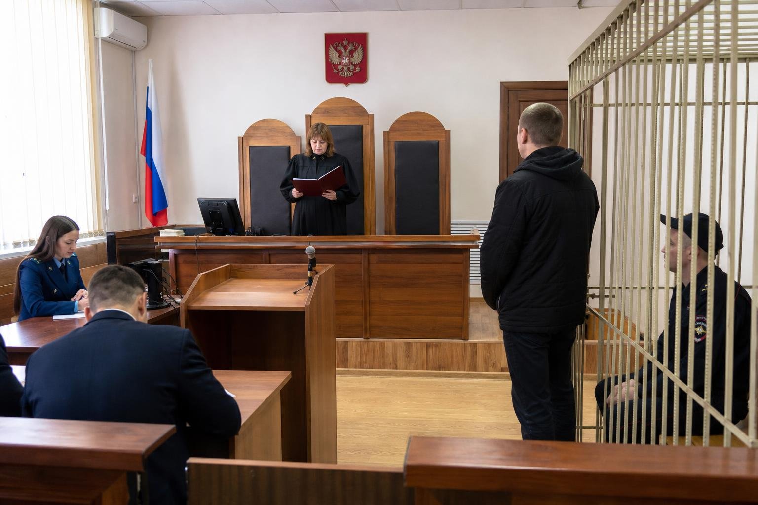 зал суда: судья в мантии за трибуной зачитывает документ; стоящий подсудимый, сотрудник в форме возле клетки для подсудимых, прокурор за столом
