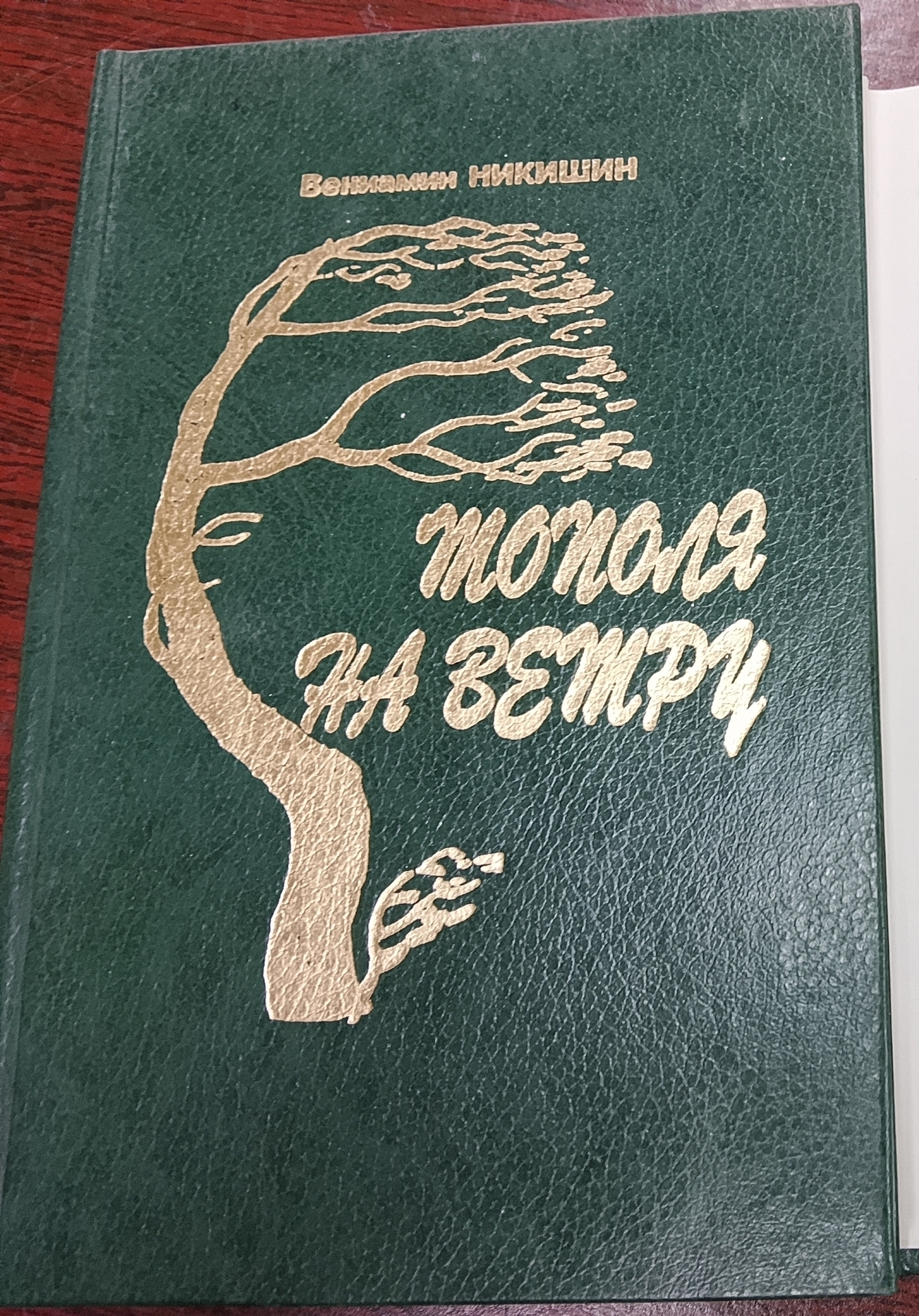 Крупный план обложки зелёной книги с золотым тиснением: В. Никишин — «Тополя на ветру».