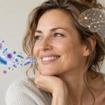 Улыбающаяся женщина с условными изображениями бактерий и контуром мозга