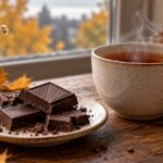 Кусочки тёмного шоколада на блюдце и чашка чая у окна с осенними листьями