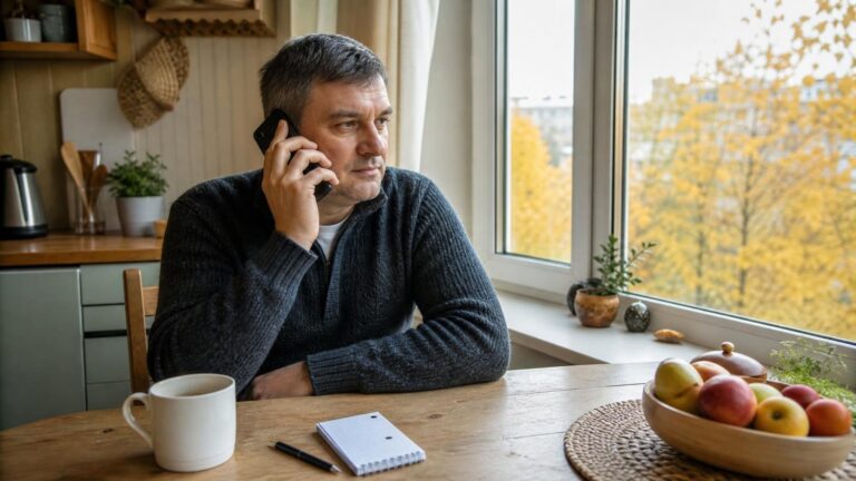 Мужчина звонит по телефону за кухонным столом, рядом лежат блокнот и ручка.