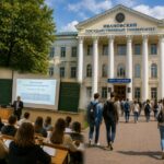 Студенты в аудитории и группа студентов, идущих к зданию университета (кадры кампуса и лекции).