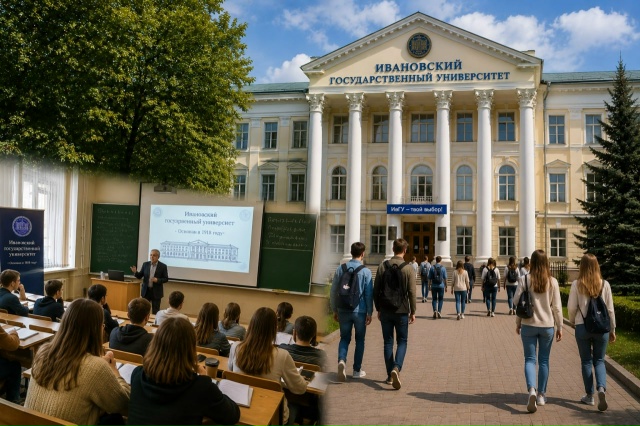 Студенты в аудитории и группа студентов, идущих к зданию университета (кадры кампуса и лекции).