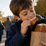 Мальчик отламывает горбушку хлеба на улице зимой