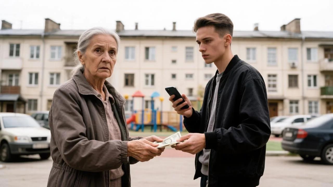 Пожилая женщина передаёт наличные молодому человеку на дворовой территории у многоквартирного дома