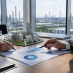 Два человека обсуждают финансовый график в офисе с видом на промышленный комплекс