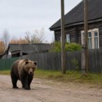 бурый медведь идёт по просёлочной дороге у деревянных домов и заборов