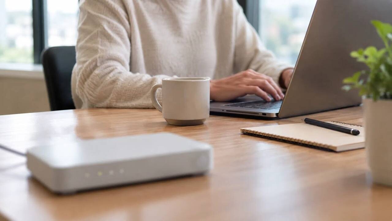 Человек за столом с ноутбуком и белым 5G-роутером в помещении с растением