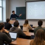 лекционная аудитория: преподаватель у проектора со схемой нейронной сети, студенты за партами с ноутбуками