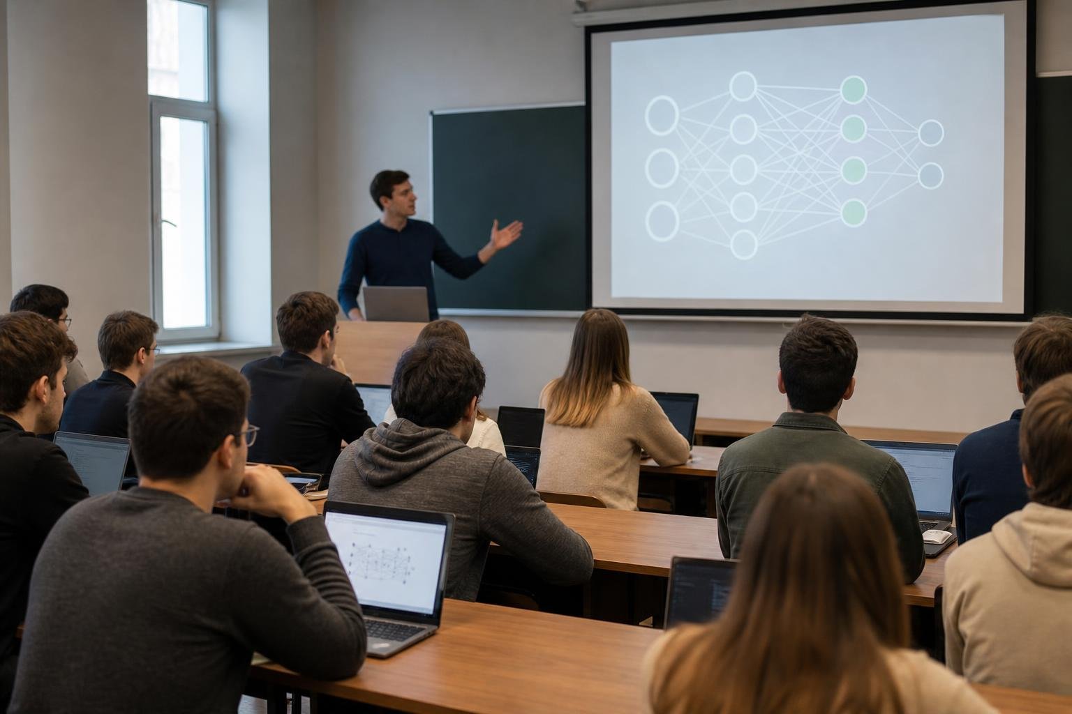 лекционная аудитория: преподаватель у проектора со схемой нейронной сети, студенты за партами с ноутбуками