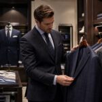Мужчина выбирает пиджак в магазине мужской одежды Alfa Collection