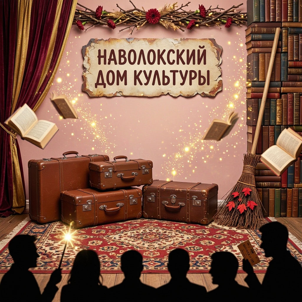 афиша/сцена с табличкой «Наволокский дом культуры», летающими книгами, метлой, сундуками и силуэтами зрителей