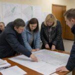 несколько человек в комнате обсуждают крупный план (карту/проект) на столе; на стенах висят картографические планы