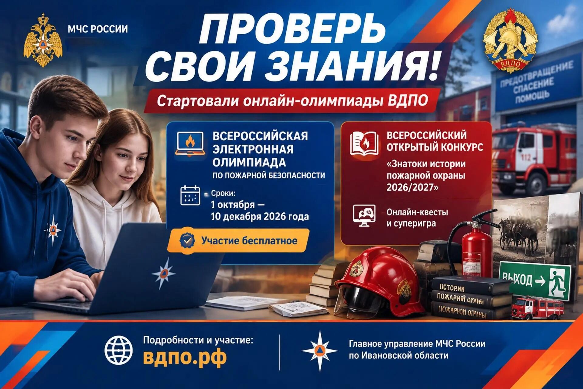 Афиша онлайн-олимпиады по пожарной безопасности: крупный заголовок, двое подростков за ноутбуком, информационные блоки с датами и описанием олимпиад ВДПО, пожарный шлем, огнетушитель и пожарный автомобиль на заднем плане.