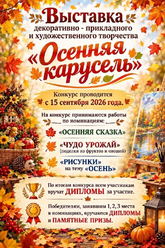 Яркий рекламный плакат конкурса «Осенняя карусель»: осенние листья, корзина с урожаем, мольберт с картиной и список номинаций/условий конкурса.