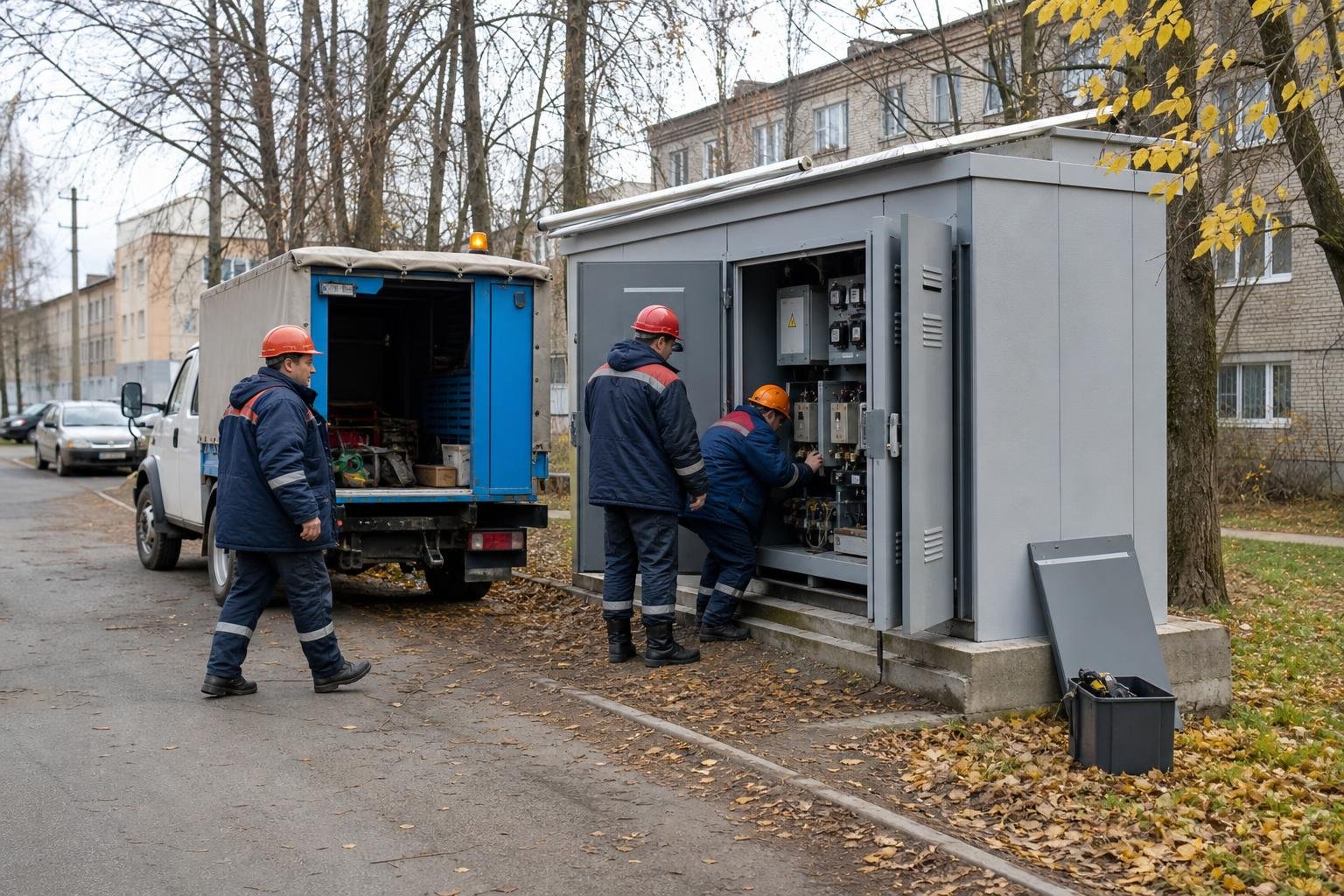 три электрика в спецодежде у открытой трансформаторной подстанции (шкафная ТП), рядом служебный фургон, осенняя улица