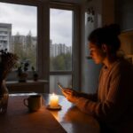 женщина в кухне при свече сидит за столом и пользуется телефоном; в окне видны многоэтажные дома на фоне пасмурного неба