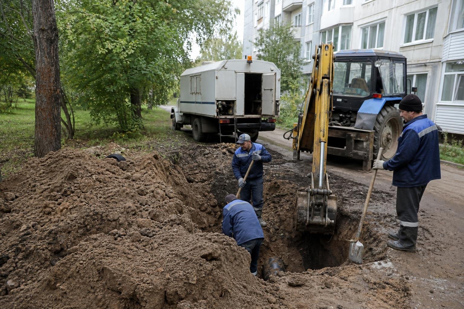 рабочие в траншее ремонтируют подземный трубопровод рядом с жилым домом; экскаватор и служебный фургон на заднем плане