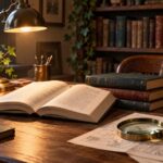 Раскрытая книга, стопка романов и лупа на деревянном столе в библиотеке