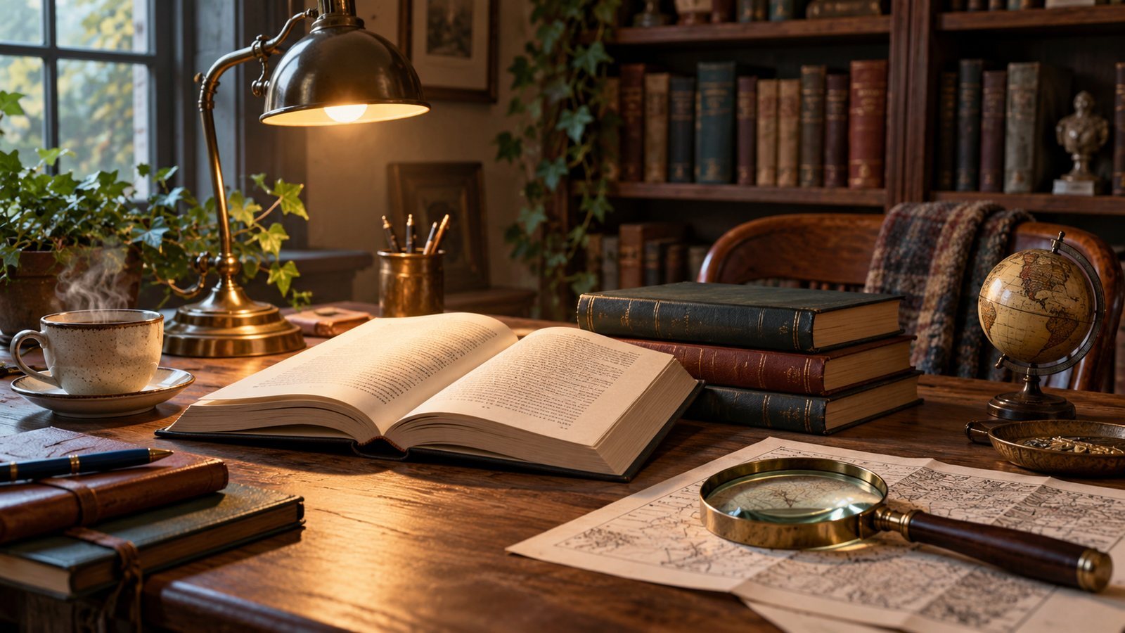 Раскрытая книга, стопка романов и лупа на деревянном столе в библиотеке