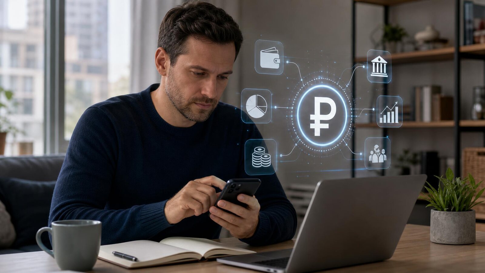 Мужчина работает с цифровыми финансами на ноутбуке и смартфоне дома