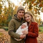 молодая пара держит завернутого в плед новорождённого ребёнка на фоне осеннего парка и деревянных домов