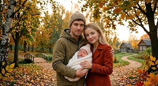 молодая пара держит завернутого в плед новорождённого ребёнка на фоне осеннего парка и деревянных домов