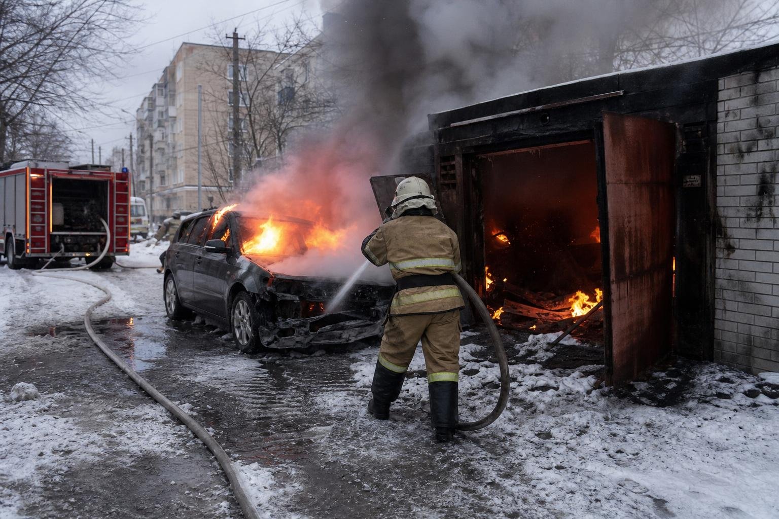 пожарный в спецформе поливает из рукава горящий легковой автомобиль рядом с горящим гаражом на заснечной улице; пожарная машина на заднем плане