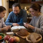 Семья за кухонным столом с хлебом, овощами и раскрытым словарём, рядом сидит домашний попугай