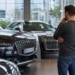Мужчина осматривает два чёрных премиальных автомобиля в автосалоне.