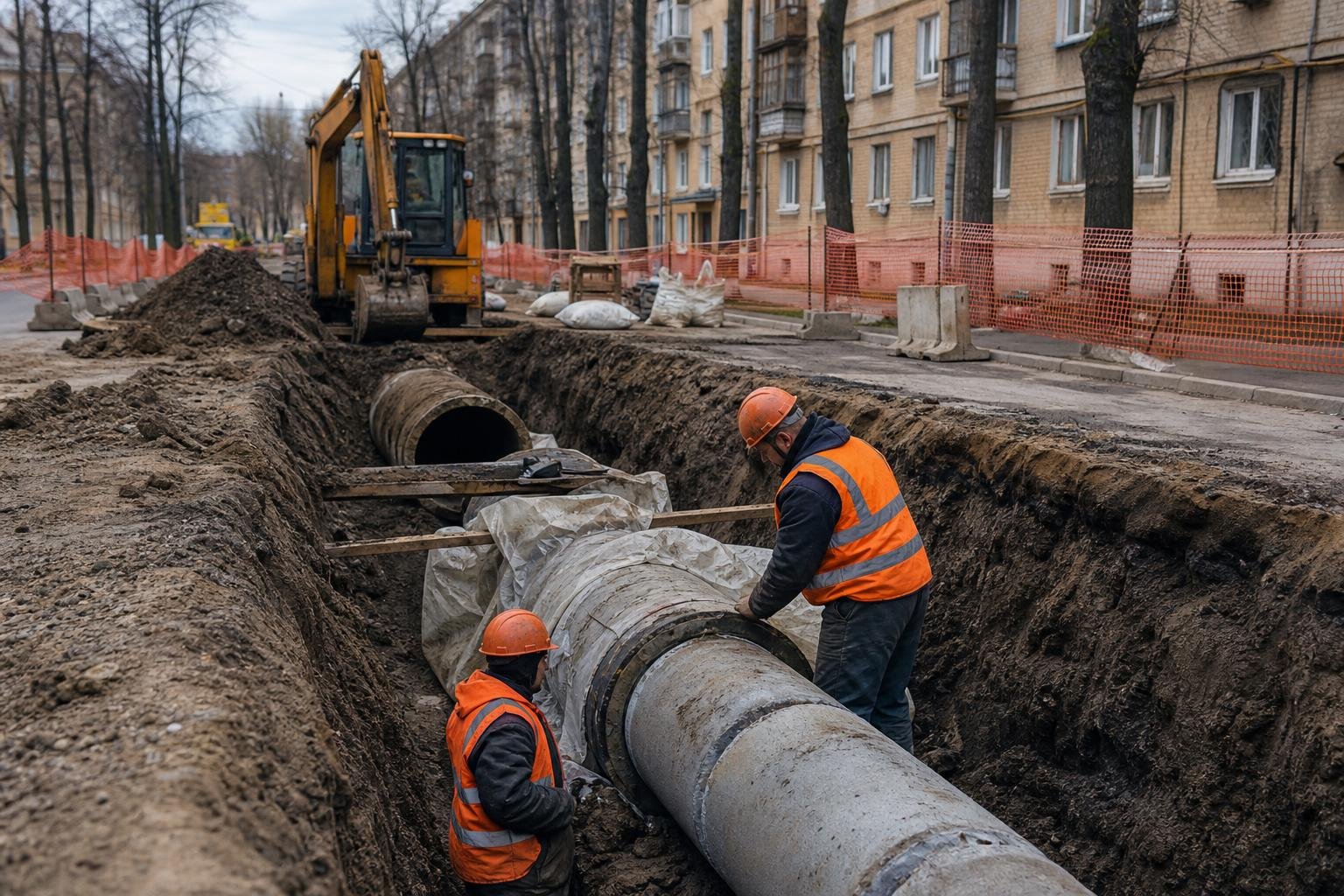 Рабочие в касках и светоотражающих жилетах укладывают крупные бетонные трубы в траншее; на заднем плане экскаватор и многоквартирные дома.
