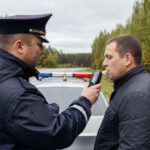 Сотрудник полиции проводит проверку водителя алкотестером у служебного автомобиля с проблесковыми лампами на просёлочной дороге