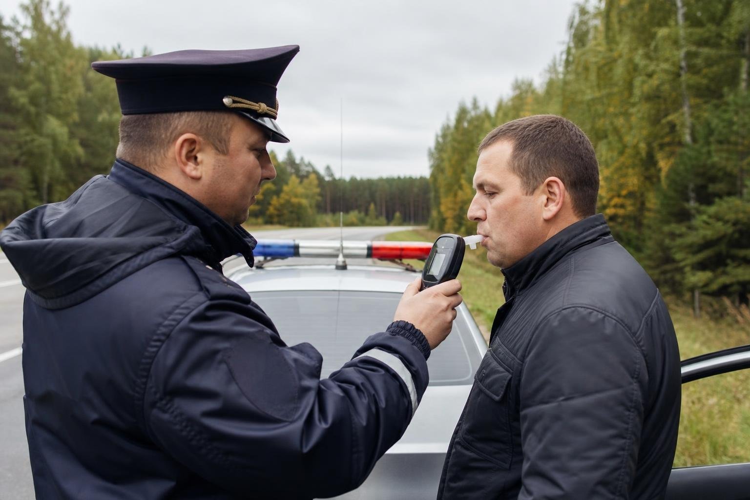 Сотрудник полиции проводит проверку водителя алкотестером у служебного автомобиля с проблесковыми лампами на просёлочной дороге