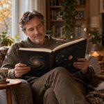 Мужчина читает книгу о космосе у окна, рядом чашка чая, на заднем плане выключенный телевизор.